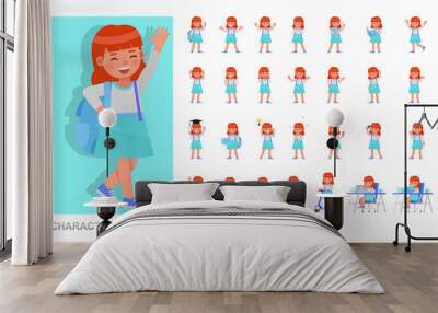 Set of kid character vector design. Girl wear white T-shirt and playing. Presentation in various action with emotions, running, standing and walking. Wall mural