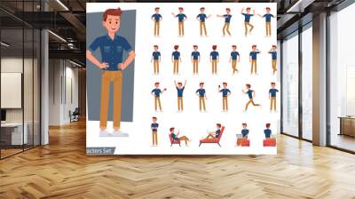 Set of man wear blue jeans shirt character vector design. Presentation in various action with emotions, running, standing and walking. Wall mural