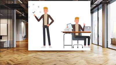 Set of office man wear brown suit character vector design. Presentation in various action. People working in office planning, thinking and economic analysis on isolated white background. Wall mural