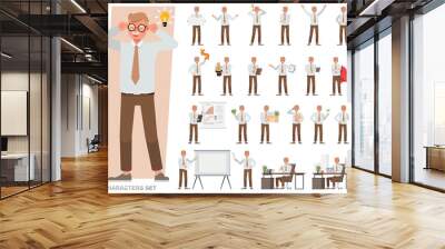 Set of Old businessman character vector design. Presentation in various action with emotions, running, standing and walking. People working in office planning, thinking and economic analysis. Wall mural