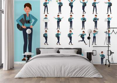 Set of Woman photographer character vector design. Presentation in various action with emotions, running, standing and walking. Wall mural