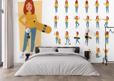 Set of woman wear yellow shirt character vector design. Presentation in various action with emotions, running, standing and walking. Wall mural