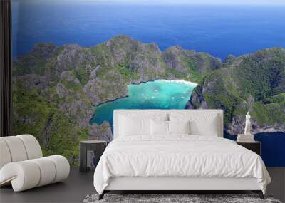 top view tropical island , aerial view of maya bay ,phi-phi islands, krabi, thailand. Wall mural