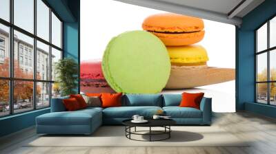 Sweet and colourful french macaroons on white background, Dessert. Wall mural