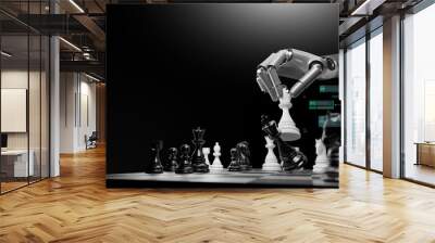 ai Artificial Intelligence,Data Science,Information technology,edge computing.Robotic arm playing chess on chessboard.Advanced technology utilizes complicated algorithms to solve problems for humanity Wall mural