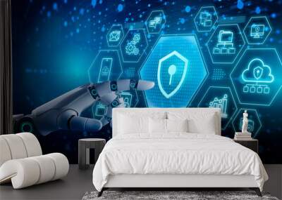 Ai Protection network security and safe your data from ransomware concept.Cyber protection shield icon on server.Information Security and virus detection for (BEC)Business Email Compromise. Wall mural