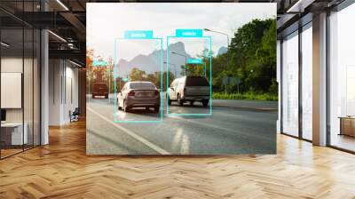 Artificial intelligence concept.Software ui analytics and recognition vehicles in road with flare light effect.Machine learning analytics identify vehicles technology. Wall mural