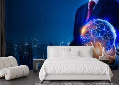 Businessman hand holding blue earth and global networking connection,blockchain,virtual technology,big data,iot,rpa,artificial intelligence(ai),network concept,Elements of this image furnished by NASA Wall mural