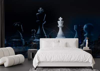 Concept of Strategy business ideas for Innovation planning and planning idea chess competition,futuristic graphic icon and white chess board game black color tone with financial stock line background. Wall mural