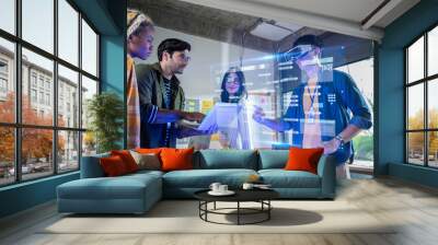 Creative digital development agency and Augmented Reality concept.businessman use VR Glasses(Virtual Reality Headset) for ux developer and ui designer about mobile app interface at modern office. Wall mural