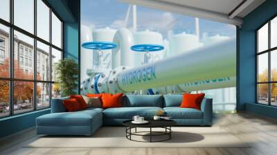 hydrogen pipeline of energy sector towards to ecology,carbon credit,Clean Energy,secure,carbon neutral,transformation,solar,power plant and energy sources balance to replace natural gas.3d rendering. Wall mural