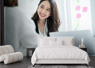 Ideas of job interview concept.Beautiful asian business woman job interview with manager business.Smart Asian staff woman meeting with asian investor and coworker discuss office background. Wall mural