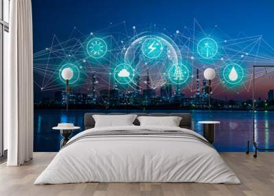 Industry 4.0 and Energy saving concept.Double exposure of energy icon and network with oil refinery industry plant background, industrial instruments in the factory and physical system icons concept. Wall mural