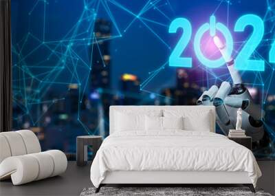 New trends in 2024 and technology Ai concept.Initiative innovation and technology.technology and Digital transformation in business and industry.AI robot and human hand on city background.3D rendering Wall mural