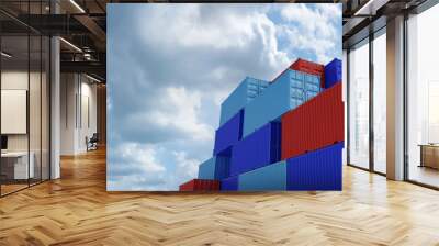 Perspective view of containers at container yard.Stack of Containers Cargo Ship Import/Export in Harbor Port,Cargo Freight Shipping of Container Logistics Industry.Business Transportation and Logistic Wall mural