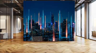 Smart city with wireless network connection and cityscape.big data connection technology concept.Wireless network and Connection technology concept with city background at night. Wall mural