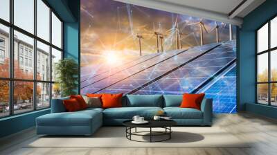 solar cell plant and wind generators in urban area connected to smart grid.Energy supply,eolic turbine,distribution of energy,Powerplant,energy transmission, high voltage supply concept. Wall mural