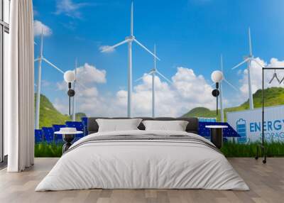 solar cell plant and wind generators under blue sky on sunset.Powerplant with photovoltaic panels and eolic turbine.clean energy and eco energy concept. Wall mural