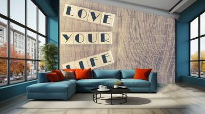 Wooden letter cubes forming Love Your Life message. Cross processed image for vintage look Wall mural