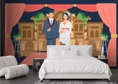 Bride and groom stand on the wedding stage in traditional international mixing dress, flat vector character Wall mural