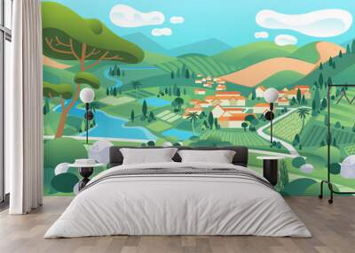 country landscape illustration with houses, river, mountain, trees and beautiful scenery vector Wall mural