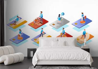 Different credit card type with people or customer on it, use the card for various needs isometric 3D illustration vector Wall mural