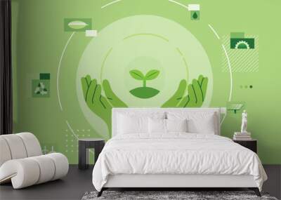 Hands raise plant with icons Alternative Energy sources for renewable, sustainable development. conservation eco concept Wall mural