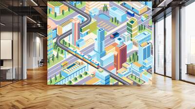 Isometric 3D city illustration, megapholitan city with modern building, roads, and transportation Wall mural