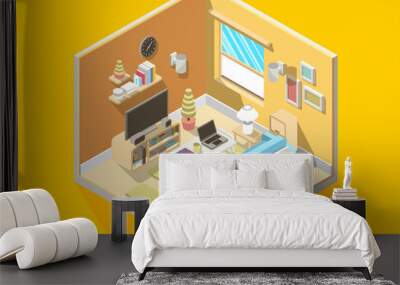 isometric 3D illustration of living room interior design with home appliance inside Wall mural