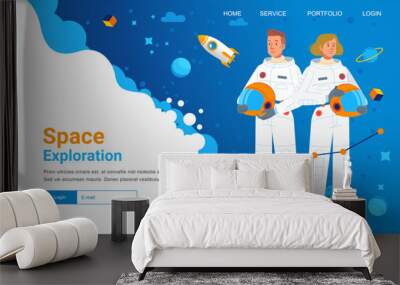 Landing page banner web template space exploration man and woman cosmonaut astronout wear spacesuit character spaceship planet Wall mural