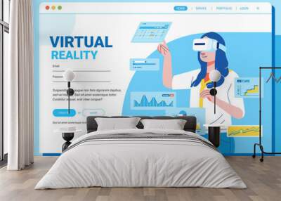 Mock up design website flat design concept virtual Reality platform The girl with VR Glasses arrange graphic and chart Vector illustration Wall mural