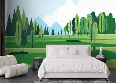 Natural green spring landscape park or forest outdoor background with mountains Environmentally friendly natural flat illustration Wall mural