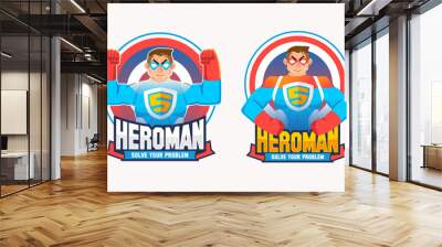 set of two hero logo mascot, heroman wearing hero suit and mask with two different pose and typography Wall mural