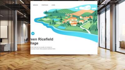 village with houses, ricefield, mountain and river landscape vector illustration Wall mural