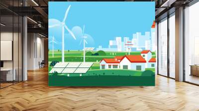 Wind Turbine and solar panel In Green Eco city Background Alternative renewable alternative Energy Source Technology banner Wall mural