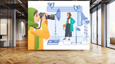 young girl pothographer taking a picture of fashionable hijab girl in profesional studio vector illustration Wall mural