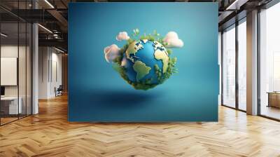 A 3D globe with green foliage around it and fluffy white clouds above.  The globe is floating against a bright blue background. Wall mural