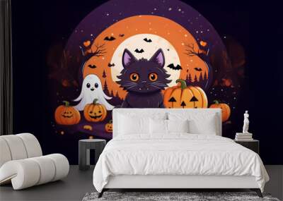 A black cat sits among pumpkins and a ghost under a full moon, with bats flying in the night sky. Wall mural