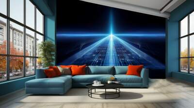 A blue glowing grid pattern recedes into a dark background, representing a digital landscape. Wall mural