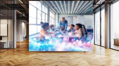 A blurry image of a classroom setting with a teacher and students, with bokeh and bright lights. Wall mural