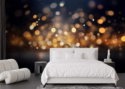 A dark background with a blurred, glittering effect, the glow of golden and white lights reflecting on a dark surface. Wall mural