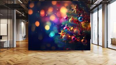 A decorated Christmas tree with colorful ornaments and twinkling lights against a bokeh background. Wall mural