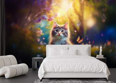 A fluffy kitten sits in a field of flowers and butterflies, surrounded by warm sunlight. Wall mural