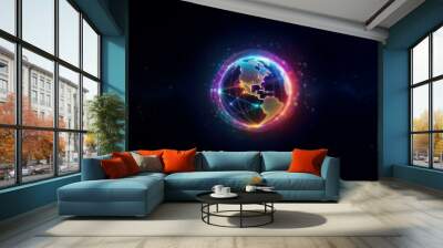 A glowing Earth surrounded by digital lines in a dark and starry sky. Wall mural