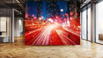 A Hong Kong highway at night with glowing city lights, and speeding cars leaving light trails. Wall mural