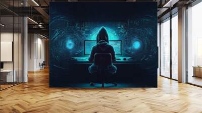 A hooded figure sits in front of a computer screen, illuminated by blue light emanating from the screen and the background. Wall mural