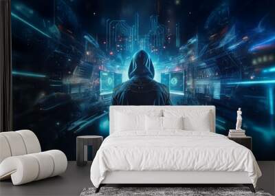 A hooded figure stands in front of two computer monitors in a glowing, abstract digital landscape. Wall mural