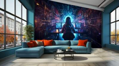 A lone figure sits in front of two computer monitors, surrounded by a swirling, abstract digital landscape. Wall mural