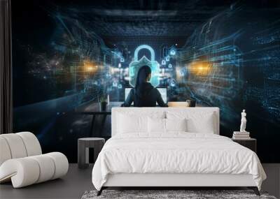 A person sits in a dark room, facing two laptops while a glowing blue padlock and abstract lines float in front of them. Wall mural