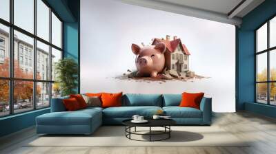 A pink piggy bank is breaking through a miniature house, the pieces of the house are scattered around. Wall mural